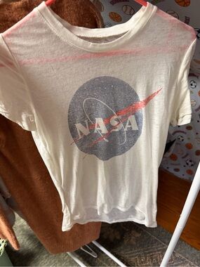 Zoe + Liv Cream Short Sleeve Tee with Blue & Red NASA Graphic